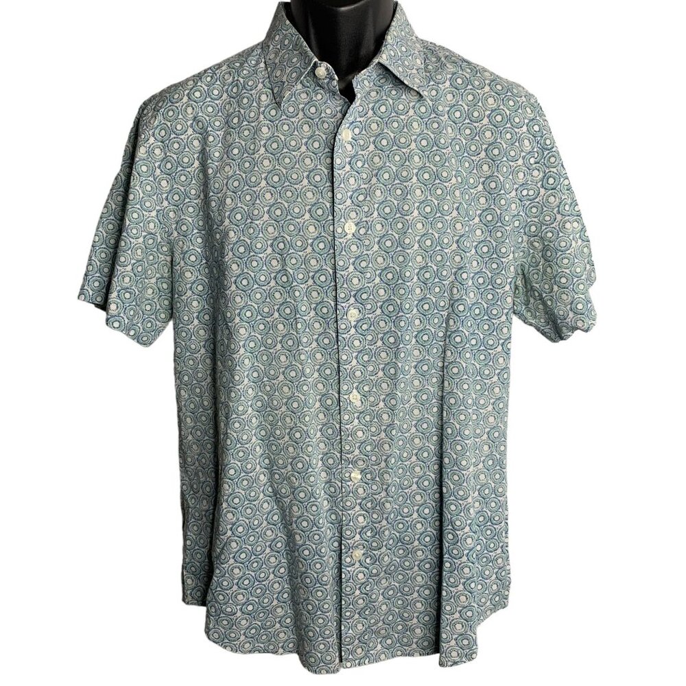 Perry Ellis Button Up Short Sleeve Shirt L White Green Circles Collar Cotton